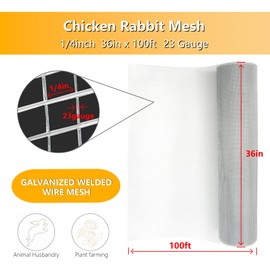 elfinrm Hardware Cloth 36 in x 100 ft 1/4 in, Chicken Wire Fence (23 Gauge), Galvanized Welded Cage Wire Mesh Roll for Chicken Coop, Screen mesh, Rabbit Fence and Poultry Enclosures (Silver White)