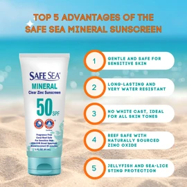 Safe Sea Zinc Oxide Sunscreen SPF50 | Clear Mineral Face Sunscreen Without Cast Iron | Anti Jellyfish Spike Protection Lotion | Coral Reef Proof | Travel Size - 60ml (Pack of 2)