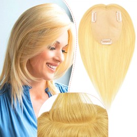 POWERASIA Hair Toppers for Women Real Human Hair Extensions with Thinning Hair No Bangs Wiglets Upgrade 3.9x4.7Inch Silk Base Clip ins Hair Pieces 150% Density Remy Hair Wig Topper #613 Bleach Blonde