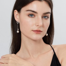 Pearl Dangle Earrings Pearl Diamond Earrings Silver Pearl Drop Earrings for Women Sterling Silver Pearl Stud Earrings for Women Pearl Dangling Earrings Cubic Zirconia Freshwater Pearl Earrings 10MM