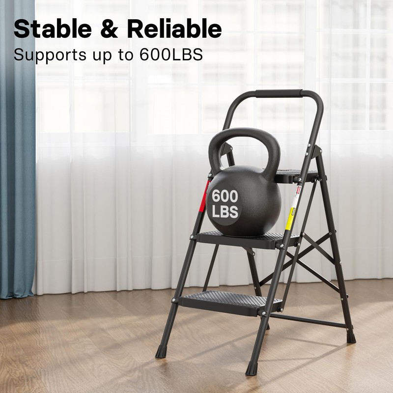 BONTEC 3-Step Ladder, Folding Step Stool, 600lbs Max Load Capacity,