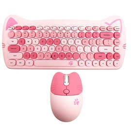 Wireless Mouse and Keyboard, Cute Cat Keyboard Mouse Combo for Present,2.4G Cordless Computer Mice with USB Receiver for Laptop PC MAC (Cherry Blossom Pink)