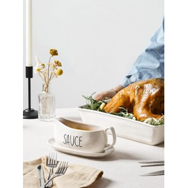 LE TAUCI Gravy Boat with Saucer Stand 16oz, Ceramic Sauce Boat with Tray for Salad Dressings, Creamer, Broth, Black Pepper- Set of 2, Oyster White