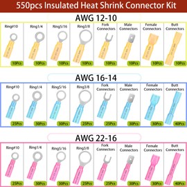 Twippo 550Pcs Waterproof Heat Shrink Wire Connectors Kit, Automotive Electrical Connector Terminals Kit, Butt Fork Ring and Spade Crimp Connectors Assortment (22-10AWG)