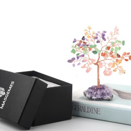 MASGEMES Handmade Multicolor Crystal Tree with Amethyst Cluster Base – Citrine, Rose Quartz, Amethyst, Aventurine, and Carnelian for Chakra Balancing & Positive Energy,4.5-5 Inches