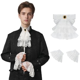 FSUJWOA Victorian Lace Jabot and Cuffs Set Colonial Lace Ruff Collar Steampunk Costume Pirate Stage Party Costume Accessory (White)