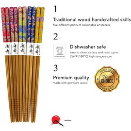 JapanBargain 3648, Bamboo Chopsticks Set Reusable Japanese Chinese Korean Wood Chop Sticks Hair Sticks, Dishwasher Safe, 9-inch, 5 Pair Gift Set, 10-Pack