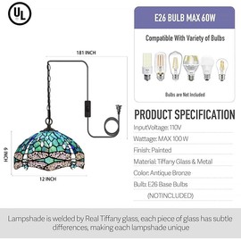 LXHCYOU Tiffany Pendant Light Plug in, 12 inches Stained Glass Hanging Lamp, 39 Inch Chain, 15 Feet Cord Living Room Bedroom Kitchen Dining Room Office (Sea Blue Dragonfly Style)