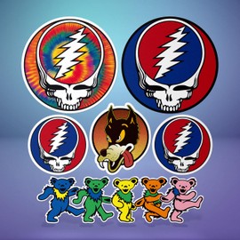 Grateful Dead Stickers – 6-Piece Vinyl Decal Pack with Steal Your Face, Tie Dye Edition & Dancing Bears Decal, Waterproof Merch for Laptops, Cars & More