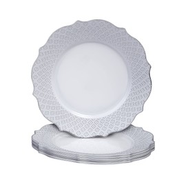 Fancy Disposable Dinner Plates (10 PC) Heavy Duty Plastic Plates, Silver Party Supplies for Baby Showers, Weddings, Parties, Birthdays and Events, White with Silver Embossed Rim - 10.25" - Harmony