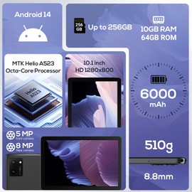 DigiLand Android Tablet, 10.1" Android 14 Tablets with Octa-Core, 6000mAh Battery, Dual Camera, IPS HD Display, Ultra-Thin & Lightweight - Gray