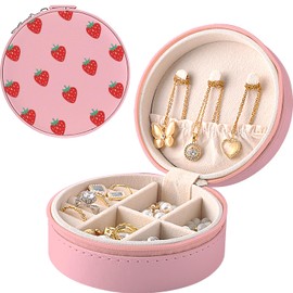 MAYCARI Pink Small Leather Jewellery Box Organiser, Cute Strawberry Pattern Mini Portable Travel Jewellery Box for Rings Earrings Necklace Bracelets Jewelry Gift for Women Girls Kids