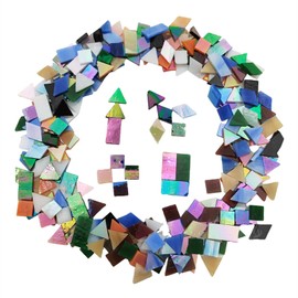 200g Iridescent Glass Mosaic Tiles, 270 Pieces 4 Shapes Mixed Stained Glass Pieces Supplies for Mosais,Square/Triangle/Rectangle/Rhombus (Mixed Color)