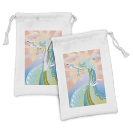 Ambesonne Modern Fabric Pouch Set of 2, Cartoon Like Image Waves Birds Foams and Bubbles with Sunset Like Design Artwork, Small Drawstring Bag for Toiletries Masks and Favors, 9" x 6", Multicolor