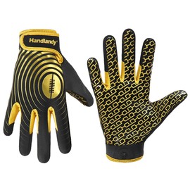 HANDLANDY Youth American Football Gloves, Sticky Wide Receiver Gloves for Kids & Adult, Black and Gold Stretch Fit Football Gloves (Youth M)