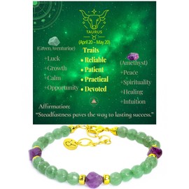 Ayriwoyi Taurus Zodiac Bracelet for Women Healing Crystal Tiny Beads Birthstone Bracelet Green Aventurine Amethyst Beaded Stone bracelet Inspirational Constellation Gifts