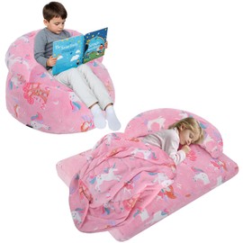 COMAX Bean Bag Chair for Kids, Dinosaur Convertible Toddler Beanbag Bed, Children Bean Chair Stuffed to Floor Mattress with Filler, Pink Fairy