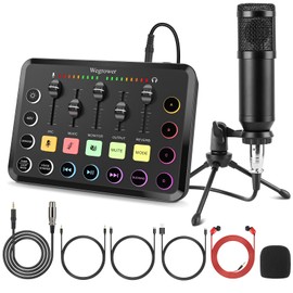 Wegrower Rechargeable Audio Mixer with Tripod for Gaming & Podcasting - 48V Phantom Power, Dual Mic Inputs, RGB Lighting, 1-Click Noise Cancel, Voice Changer, Plug & Play (W-11BK)