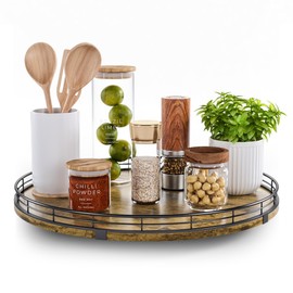 Farmhouse 16" Lazy Susan Turntable Organizer for Table Top, Large Round Wooden Lazy Susan for Cabinet Kitchen Centerpieces Dining Table, Storage Condiments Charcuterie, Bathroom Vanity Tray Decor