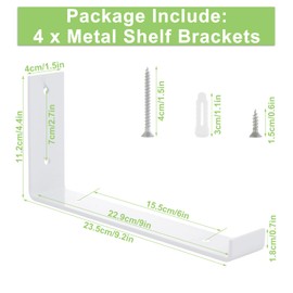 LOLYSIC 4Pcs Shelf Brackets, 225mm (9") Heavy Duty Scaffold Board Shelf Bracket with Lip, 4mm Thick Wall Mounted Metal Floating Shelves Brackets Supports with Screws, White