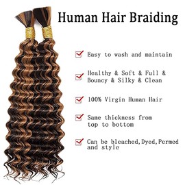 Jucames Real Hair Wefts, Deep Wave Human Braiding Hair Extension, Unprocessed Remy Hair Wefts, No Weft, Highlight, Brown, Colour for Women, 18 18 Inches