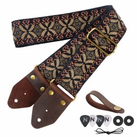 Nefelibata Guitar Strap, 2 Inch Jacquard Embroidery Cotton Guitar Straps with Crazy Horse Leather Ends for Bass, Electric & Acoustic, Gifts for Children, Guitarists (Golden Embroidery), Y# Gold