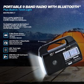 Supersonic SC-1082 9 Band AM/FM/SW 1-7 Portable Radio, High Sensitivity Receiver, Torch Light, Speaker, USB/SD Card Input, Rechargeable Battery, 360° Antenna, 8-10hr Flashlight, 2hr Radio, AC/DC