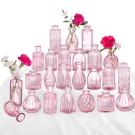 Pink Glass Bud Vases in Bulk 24, Pink Vase Small Glass Vases for Flowers Modern Ribbed Glass Bud Vase for Decor Wedding Flower Vase Bulks Vintage Decor Bridal Shower Centerpieces Home Table Decoration