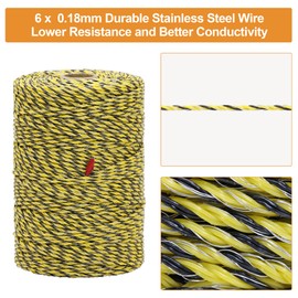 HENGTONG Electric Fence Poly Wire 656ft 200m, 6 x 0.18mm Stainless Steel Conductors, Portable Electric Fence Polywire for Livestock, Yellow and Black Fence Wire