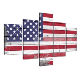 Set of 5 Large American Flag Wall Art, Rustic USA Flag Picture White Red Blue Star & Stripe Painting On Canvas Patriotic Artwork for Living Room Office Home Decoration, Ready to Hang 60"x 40" Framed