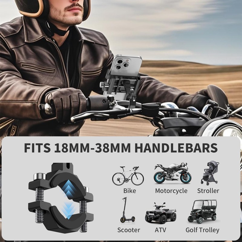 SpoLite Motorcycle Phone Mount,Aluminum Bike Phone Holder Handlebar,360° Bike Cell