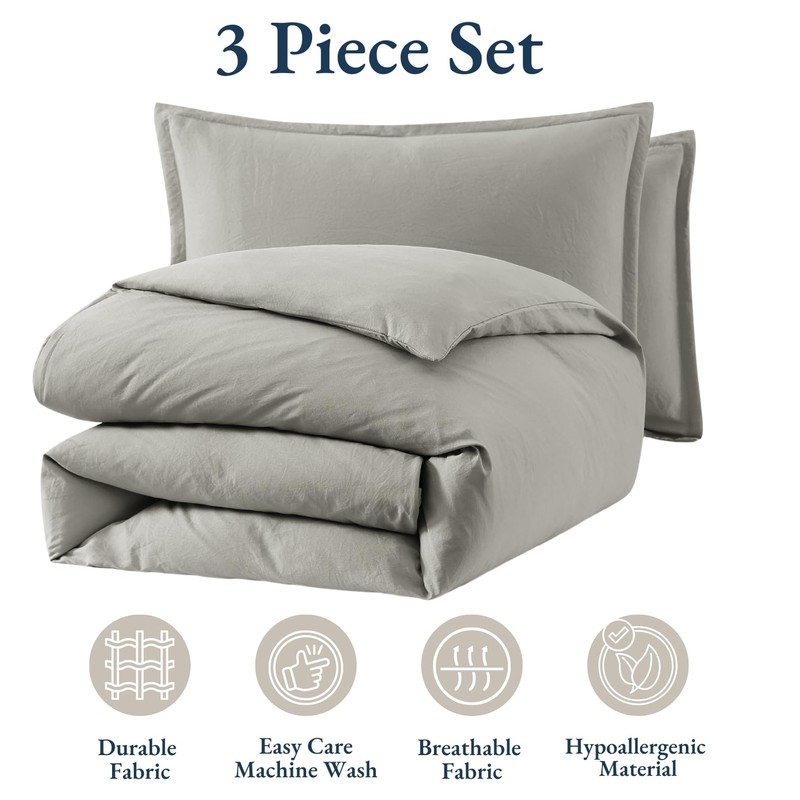 LANE LINEN Single Duvet Cover Set Silver - Pre Washed
