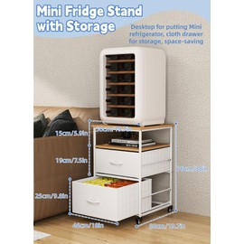 Qriocioa Mini Fridge Stand with Storage Small Beverage Refrigerator Stand Table with 2 Drawers Mobile Mini Fridge Cabinet Rack Compact Fridge Cart with Wheels for Kitchen Bedroom Office Dorm, White
