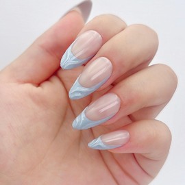 Press On Nails Light Blue 3D Water Ripple Fake Nails French Almond Nail Art Gel Nail Pads 12 Sizes - 24 Pcs Gel False Nail Set