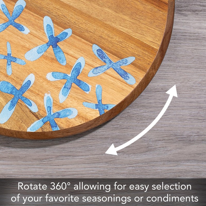 Thirstystone Acacia Wood Lazy Susan Turntable with Decorative Blue Floral