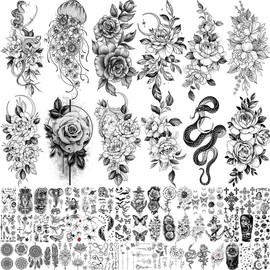 64 Sheets Long-Lasting Flower Temporary Fake Tattoos for Women Arm Neck, Jellyfish Sunflower Moon Rose for Adult Girls, 3D Temporary Realistic Snake Tattoo Stickers, Snake Peony Flower Children - Pattern Name: Floral