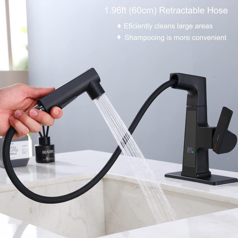 LED Bathroom Faucet with Pull Out Sprayer, Rzoeox Black Temperature