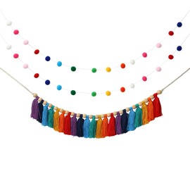 Pom Pom Garland - DIY Rainbow Pom Pom and Tassel Garland Set, Boho Tassel Garlands For Decoration, Preppy Classroom Decorations, Rainbow Tassle Garlands, Home Decoration Wedding Birthday Baby Shower