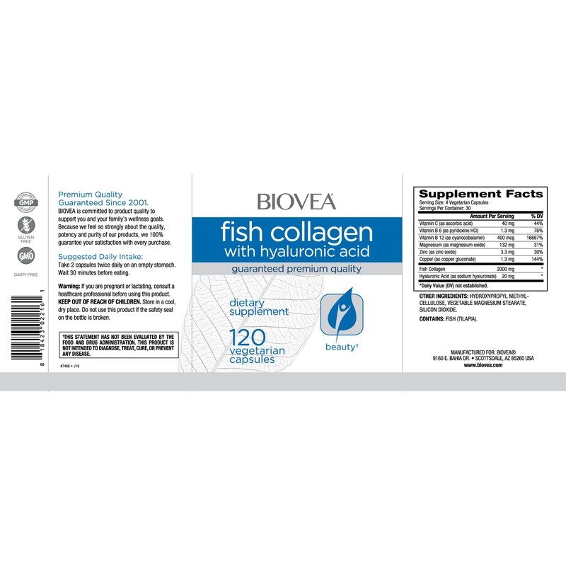 BIOVEA COLÁGENO DE PESCADO CON ÁCIDO HIALURÓNICO 120 Cápsulas