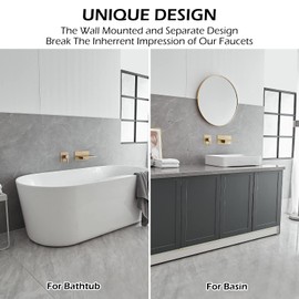 BWE Wall Mount Bathtub Faucet Brushed Gold Single Handle Modern Bathroom Sink Faucet with Rough in Valve High Flow Filler Waterfall Tub Spout