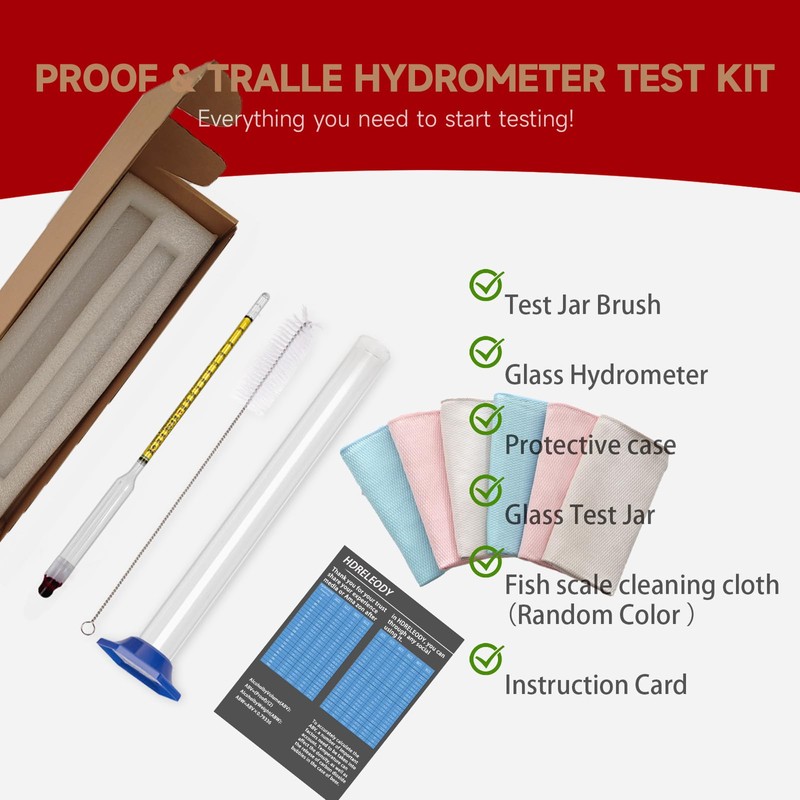 Alcohol Hydrometer Meter Test Kit 0-200 Proof & Tralle,with Glass