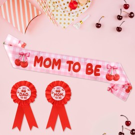 Fangleland Cherry Bow Baby Shower Decorations, Mom and Dad to Be Tinplate Badge Pins Red Cherry Theme Mom to Be Sash Gender Reveal Party Favors for Welcome Baby Girl