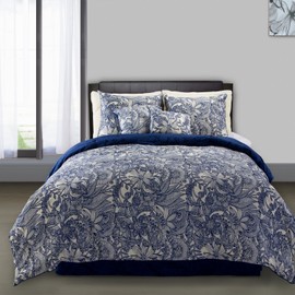 Valentina 5 Piece Flowers and Doodles Microfiber Comforter Set, Full/Queen, Floral, Blue