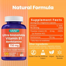 VANI Mega Benfotiamine with Vitamin B1 750mg - 120 Capsules - Vegan, Gluten Free