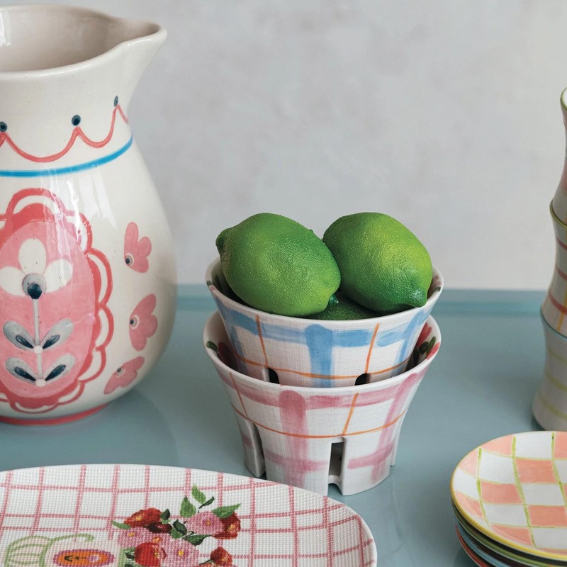 Hand-Painted Stoneware Berry Bowl w/ Plaid & Floral Pattern, 2