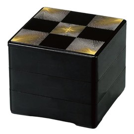 J-kitchens Made in Japan, Heavy Box, 3 Tiers, 4.5 Inches, Black Matsuba Checkered, 5.3 x 5.3 x 5.0 inches (13.4 x 13.4 x 12.7 cm)