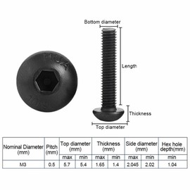Pack of 50 M3 Hexagon Socket Screws Set, Black Hex Socket Flat Head Screws Set, Cylinder Screws, 10.9 Class Alloy Steel, Full Thread, Easy End (M3 x 6 mm)