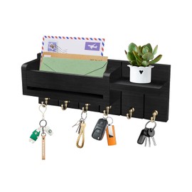 Key Holder for Wall - Key Hooks Wall Mounted with Shelf, Wooden Key Rack Letter Holder with 6 Hooks, Key Hooks for Home Decor, Key Hanger with Coat Hooks, Box Key Holders for Entryway Hallway (Black)