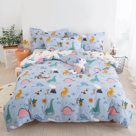 Dinosaur Full Size Duvet Cover Set, Cotton Blue White Reversible Kids Bedding Set for Boys Girls, 3 Pieces Ultra Soft Breathable Comforter Cover Set (1 Duvet Cover+2 Pillowcases)