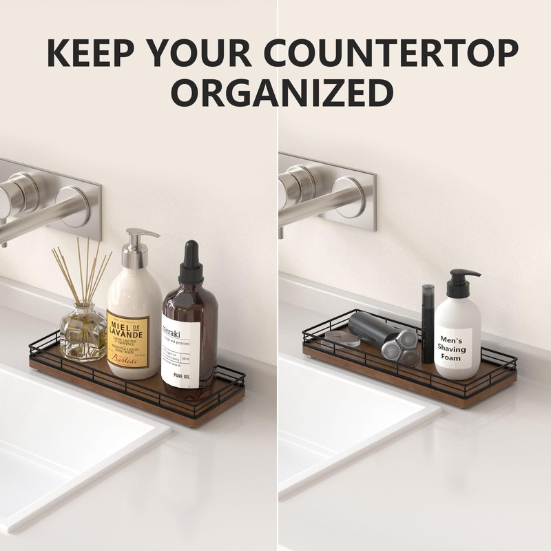 Bathroom Tray for Counter Top Organizer – Oak Wood Vanity